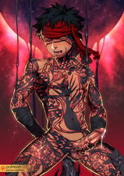 1boy abs avenger bandages black_eyes black_hair blush censored chest closed_eyes cropped_legs cum dark-skinned_male dark_skin erection fate/hollow_ataraxia fate/stay_night fate_(series) full_body_tattoo headband highres lvlv male_focus male_masturbation masturbation mosaic_censoring muscle navel nipples nude penis_grab short_hair solo solo_male tattoo testicles thighs