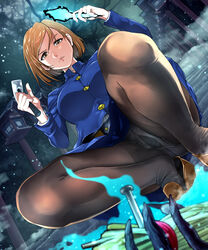 1girls aura breasts brown_eyes brown_hair fully_clothed hammer jujutsu_kaisen kugisaki_nobara legwear looking_at_viewer nails panties panties_visible_through_clothing pantyhose presenting skirt solo07450075 teasing thick_thighs thighs upskirt