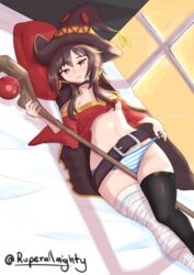 absolute_territory bandage bandages bed bedroom blue_panties brown_hair kono_subarashii_sekai_ni_shukufuku_wo! leggings megumin on_back on_bed red_eyes ruperallmighty small_breasts staff stomach striped_panties thigh_highs thighs witch witch_hat