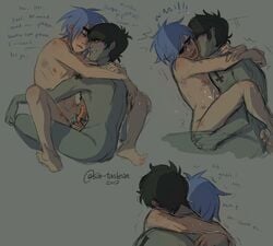 2boys 2d_(gorillaz) anal anal_sex black_hair blue_hair blush cartoony emo gay gorillaz grabbing_penis green_skin handjob_while_penetrating light_skin male/male male_only murdoc_niccals musician rubbing_penis upside_down_cross yaoi