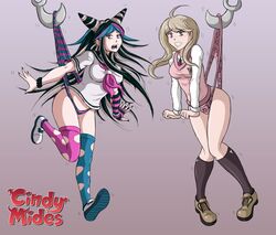 ahoge akamatsu_kaede blonde_hair danganronpa danganronpa_2 danganronpa_2:_goodbye_despair danganronpa_v3 dyed_hair ear_piercing embarrassed hanging_wedgie horns mioda_ibuki mouth_piercing multicolored_hair musical_note no_pants panties piercings pink_eyes pink_panties print_panties school_uniform skirt_removed stockings striped_panties torn_stockings wedgie