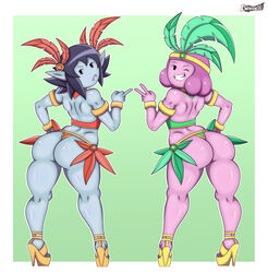 2girls adventure_time ass big_ass blue_skin brazilian_carnival_outfit carnival cartoon_network chivox00 dark_blue_hair female high_heels looking_back marceline middle_finger one_eye_closed peace_sign pink_hair princess_bubblegum samba short_hair thick_thighs thighs vampire young_marceline young_princess_bubblegum