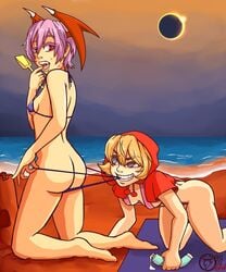 all_fours ass baby_bonnie_hood beach bikini blonde_hair breasts bulleta darkstalkers eclipse feet flat_chest head_wings high_resolution hood lilith_aensland outdoors purple_hair raiounsfw red_eyes sand sand_castle sand_sculpture sharp_teeth small_breasts squatting succubus swimsuit towel yuri