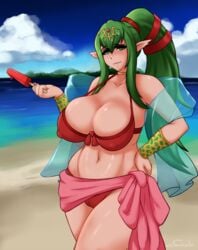 1girls big_breasts bikini breasts cleavage female female_only fire_emblem fire_emblem_awakening fire_emblem_heroes green_eyes green_hair huge_breasts large_breasts looking_at_viewer matching_hair/eyes naughty_face nipple_bulge pointy_ears red_bikini red_swimsuit smug solo solo_female sorenstarz swimsuit thick_thighs tiki_(adult)_(fire_emblem) tiki_(adult)_(summer)_(fire_emblem) tiki_(fire_emblem) voluptuous wide_hips