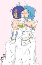 blue_hair catria_(bridal)_(fire_emblem) catria_(fire_emblem) fire_emblem fire_emblem:_the_binding_blade fire_emblem_echoes:_shadows_of_valentia fire_emblem_heroes kissing light_blue_hair thea_(bridal)_(fire_emblem) thea_(fire_emblem) wedding_dress wife_and_wife yuri zronku