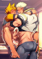 2boys abs anal arms_around_neck ass bara blonde_hair blush closed_eyes cum gay gyee highres lvlv male male/male male_focus male_only multiple_boys muscle original overflow radian_(gyee) sex shirt_lift short_hair sideburns size_difference skin_tight spiked_hair spread_legs thick_thighs thighs trembling_penis yaoi