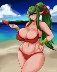 1girls big_breasts bikini breasts cleavage female female_only fire_emblem fire_emblem_awakening fire_emblem_heroes green_eyes green_hair huge_breasts large_breasts looking_at_viewer matching_hair/eyes naughty_face nipple_bulge pointy_ears red_bikini red_swimsuit smug solo solo_female sorenstarz swimsuit thick_thighs tiki_(adult)_(fire_emblem) tiki_(adult)_(summer)_(fire_emblem) tiki_(fire_emblem) voluptuous wide_hips