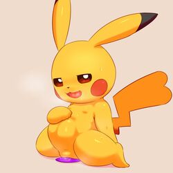 1:1 2020 alacarte anthro bodily_fluids cleft_tail dildo dildo_sitting dipstick_ears female female_penetrated genitals hi_res looking_pleasured masturbation multicolored_ears nintendo open_mouth open_smile penetration pikachu pokémon_(species) pokemon pussy semi-anthro sex_toy simple_background smile solo stomach_bulge sweat tongue video_games yellow_body yellow_skin