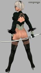 3d ass black_legwear blindfold gloves headband hi_res high_heels iskiplegs looking_back nier:_automata smirk source_filmmaker sword white_hair yorha_2b