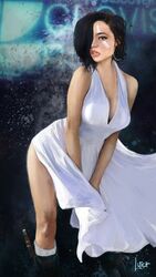 1girls ana_bray black_hair breasts brown_hair bungie cleavage destiny_(game) dress facepaint female female_only freckles hair_over_one_eye hips looking_at_viewer marilyn_monroe marilyn_monroe_(cosplay) sci-fi science_fiction scifi solo solo_female tagme two_tone_hair white_dress