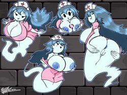 2d anus anus_peek ass big_breasts blue_hair blush color cum female female_focus ghost ghost_girl jyto mob_face nipples_visible_through_clothing nurse paizuri pale_skin pussy smug spooky's_house_of_jump_scares spooky's_jump_scare_mansion spooky_(shojs) wink