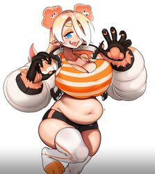 1girls big_breasts breasts burakku-ra chubby cleavage crop_top droopy_eyes fangs female female_only half-closed_eyes huge_breasts large_breasts looking_at_viewer overweight overweight_female plump pointy_ears solo thick_eyebrows thick_thighs thighhighs tongue_out