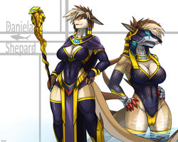 anthro blue_eyes breasts brown_body brown_hair claws clenched_teeth clothed clothing daniela_shepard fangs female fish genitals gloves hair handwear hi_res holding_object link2004 marine mask multicolored_body multicolored_hair non-mammal_breasts open_mouth open_smile partially_clothed pussy shark smile solo teeth two_tone_body two_tone_hair water white_body