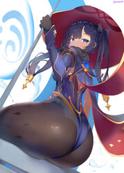 ass bangs big_ass big_butt black_gloves black_hair black_legwear black_ribbon blue_eyes blush breasts cape clothed clothed_female detached_sleeves female from_behind from_below fuenyuan genshin_impact gloves hair_ribbon highres holding huge_ass long_hair long_sleeves looking_at_viewer looking_back looking_down makeup medium_breasts mona_(genshin_impact) pantyhose purple_cape ribbon simple_background sitting solo solo_female twintails twitter_username white_background