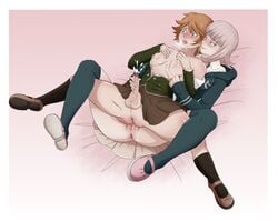 1boy 1girls anus blush crossdressing cum cum_on_chest cum_on_face cum_on_self cumshot danganronpa danganronpa_2:_goodbye_despair estirge femboy femboy_on_female femboysub femdom from_behind fujisaki_chihiro girly handjob licking_ear male/female malesub mary_janes nanami_chiaki nipple_tweak open_mouth shoes short_hair spread_legs straight_hair thighhighs