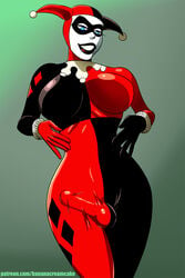 1futa awkwardly_drawn_penis bananacreamcake batman:_the_animated_series batman_(series) bodysuit breasts dc dc_comics dcau erection erection_under_clothes futa_only futanari harley_quinn harley_quinn_(classic) lipstick penis penis_bulge pinup solo solo_futa transmorpher_dds