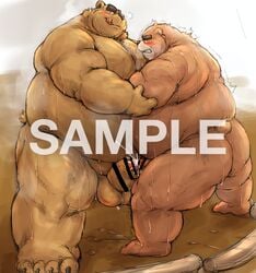 2020 anthro ass balls blush bodily_fluids brown_body brown_fur cum cum_on_ground distracting_watermark duo ejaculation erection fur genital_fluids genitals kemono kotobuki male male/male mammal overweight overweight_male penis sumo tongue tongue_out ursid watermark