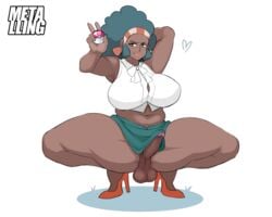 1futa afro alternate_breast_size arm_behind_head arm_up armpits artist_name big_hair big_penis big_testicles chubby_female colored dark-skinned_female dark-skinned_futanari dark_skin front_view futa_only futanari green_eyes green_hair green_nails green_skirt hairband high_heels large_breasts lenora_(pokemon) looking_at_viewer love_ball metalling nintendo orange_heels poke_ball pokeball pokemon pokemon_bw red_lipstick shadow smile solo_futa spread_legs squatting testicles thick_thighs uncensored white_background white_blouse