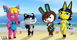 2020 4girls animal_crossing ankha anthro beach bikini black_eyes black_fur blue_eyes blue_fur blue_hair brown_fur brown_hair bunny bunny_girl carmen_(animal_crossing) cat catgirl deer deer_girl fanart feline females fuchsia_(animal_crossing) furry jackintaro nintendo orange_eyes pink_fur rabbit squirrel squirrel_girl tasha_(animal_crossing) white_fur yellow_fur yellow_hair