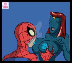 1boy 1boy1girl 1girls areola areolae big_breasts blue_background blue_body blue_skin breast_grab breast_sucking breasts bust busty crossover eyeless_male female grabbing_breasts holding_breast huge_breasts large_breasts looking_pleasured maltmilkpower900 marvel mask masked mystique nipples outercourse peter_parker raven_darkholme red_hair simple_background spider-man spider-man_(series) straight_hair sucking sucking_nipples the_spectacular_spider-man watermark x-men x-men_evolution