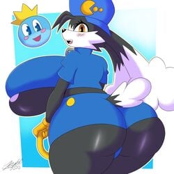 1:1 anthro ashamed ass big_ass big_breasts blue_clothing blue_hat blue_topwear bottomwear clothed clothing domestic_cat duo duo_focus felid feline felis female fur furry gloves handwear hat headwear hi_res holding_object huepow huge_ass huge_breasts huge_thighs itisjoidok klonoa klonoa_(series) legwear long_ears looking_at_viewer looking_back mammal open_mouth pac-man pac-man_(series) presenting_hindquarters raised_tail sharp_teeth shirt shorts sphere_creature thigh_highs wide_hips yellow_gloves