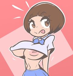 1girls :d :p brown_hair doughroom kill_la_kill large_breasts mankanshoku_mako short_hair solo tongue_out underboob