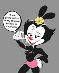 1girls 2020 accessory animaniacs anthro black_body bodily_fluids bottomwear breasts clothed clothed_female clothing cum cum_on_body cum_on_breasts cum_on_chest cum_on_face cum_on_hand cum_on_upper_body dialogue dot_warner english english_text female female_focus female_only flower flower_in_hair front_view gametimeasia genital_fluids gloves grey_background hair hair_accessory half-closed_eyes hand_on_hip handwear hi_res inkblot mammal narrowed_eyes nipples open_mouth open_smile partially_clothed photo pink_bottomwear pink_clothing pink_nipples pink_skirt plant portrait premature_ejaculation red_nose simple_background skirt small_breasts smile solo solo_female speech_bubble standing talking_to_viewer text three-quarter_portrait topless warner_brothers