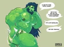 1male 2018 abs armor ass beard big_muscles black_hair body_hair bulge butt_slap clothing dialogue duo english_text facial_hair gameplay_mechanics gay green_body green_skin grey_background hair hi_res humanoid long_hair male male_only merchant muscular muscular_humanoid muscular_male nipples offscreen_character onomatopoeia orc orc_humanoid orc_male pecs simple_background slap small_on_top solo solo_focus sound_effects spanking spedumon standing text thick_thighs translucent translucent_clothing translucent_underwear tusks unconvincing_armor undercut underwear