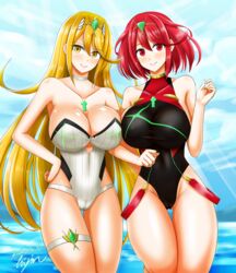 2girls bangs blonde_hair blush breasts cameltoe cleavage competition_swimsuit gem hair_ornament headpiece highres hisin huge_breasts jewelry large_breasts long_hair looking_at_viewer multiple_girls mythra nintendo one-piece_swimsuit pyra red_eyes red_hair short_hair shy smile swept_bangs swimsuit thigh_gap thigh_strap thighs tiara xenoblade_(series) xenoblade_chronicles_2 yellow_eyes