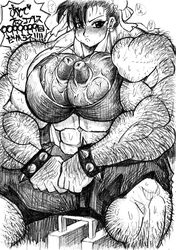 abs androgynous arm_hair artist_request bun_cover chun-li double_bun extreme_muscles female_leg_hair flat_chest leg_hair manly muscular_female pecs pectorals puffy_nipples sitting spiked_bracelet street_fighter veiny_breasts