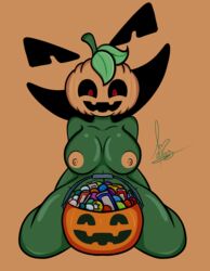 anthro breasts felestell female flora_fauna green_skin halloween jack-o'-lantern plant plant_girl pumpkin pumpkin_head red_eyes tagme