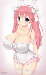 adorable belly belly_button big_breasts blush breast bunny_ears bunnysuit clothed clothed_female cute female female_only garter_belt garter_straps haramura_nodoka huge_breasts kainkout large_breasts looking_at_viewer nipples nipples_visible_through_clothing pink_hair saki simple_background smile solo solo_female thick thick_thighs thighhighs thin_waist young