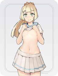 1girls blonde_hair breasts clothed clothed_female female female_only lillie_(pokemon) nintendo pokemon pokemon_sm ponytail shirt_lift simple_background skirt small_breasts solo solo_female tenguro young