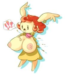 !!! 1girls beige_fur breast_expansion breasts chinigan drawn_to_life dress ear_piercing female female_only furry hand_on_breast hand_on_head huge_breasts lagomorph long_ears mari neck_ribbon nipples open_mouth raposa red_hair ribbon ripped_clothing solo solo_focus surprised tongue transparent_background