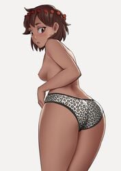 1girls ajna_(indivisible) ass blush brown_hair butt dark-skinned_female dark_skin female female_only female_protagonist indivisible looking_back panties rear_view short_hair solo tenguro topless