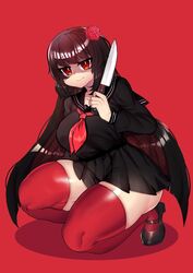 1girls black_hair black_skirt cute female female_only holding_knife holding_object junko_(stalker_x_stalker) junko_ishikawa long_hair mary_janes red_background red_eyes red_legwear red_rose school_uniform stalker_x_stalker thick_thighs