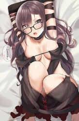 absurdres arm_strap armpits arms_behind_head arms_up bare_shoulders black_dress black_gloves blush breasts brown_eyes brown_hair center_opening choker cleavage collarbone dress earrings elbow_gloves fate/grand_order fate_(series) female fou_(ssqseeker) glasses gloves highres jewelry knees_up large_breasts long_hair lying multiple_earrings on_back open_mouth ribbon-trimmed_dress speech_bubble translation_request very_long_hair yu_mei-ren_(fate)