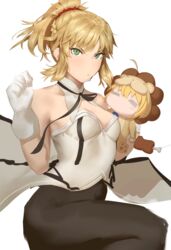 ahoge artoria_pendragon bare_shoulders black_ribbon blonde_hair blush braid breasts cosplay fate/grand_order fate/tiger_colosseum fate/unlimited_codes fate_(series) female food gloves green_eyes hair_ornament hair_scrunchie kunaboto long_hair looking_at_viewer medium_breasts mordred_(fate) mordred_(fate)_(all) pantyhose ponytail red_scrunchie ribbon saber_lily saber_lily_(cosplay) saber_lion scrunchie simple_background solo v-shaped_eyebrows white_background white_gloves