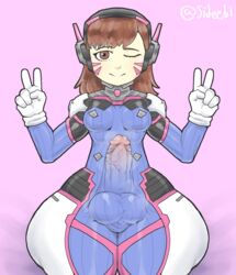 1futa big_ass big_balls big_penis bodysuit bottom_heavy bulge clothed clothing d.va erection_under_clothes fully_clothed futa_only futanari huge_ass human one_eye_closed overwatch sideebi simple_background solo_futa steam thick_thighs tight_clothing v wide_hips wink