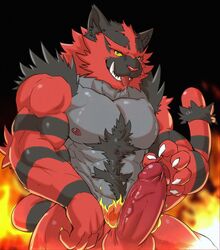 2020 abs anthro balls belly_hair biceps black_background bodily_fluids body_hair chest_hair erection eurobeat fire genital_fluids genitals hi_res humanoid_genitalia humanoid_penis incineroar looking_at_viewer male male_only muscular muscular_anthro muscular_male nintendo nipples nude pecs penis pokémon_(species) pokemon precum simple_background smile solo standing teeth tongue tongue_out vein video_games yellow_sclera