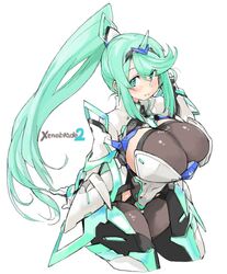 1girls bangs blush breasts cleavage covered_navel elbow_gloves female gem gloves green_eyes green_hair hair_ornament headpiece huge_breasts jewelry long_hair nintendo pantyhose pneuma ponytail sachito solo spandex spoilers swept_bangs thighhighs thighs tiara unicorn very_long_hair xenoblade_(series) xenoblade_chronicles_2