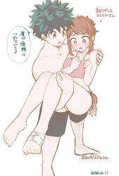 1boy 1girls blush brown_hair buthikireta green_hair holding izuku_midoriya love my_hero_academia ochako_uraraka swimsuit teenage_boy teenage_couple wholesome