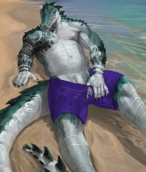 alligator alligatorid anthro beach clothing countershade_scales countershade_torso countershading crocodilian fangs green_body green_scales hi_res male male_only navel reptile sand scales scalie seaside shaneinvasion shoreline solo swimming_trunks swimwear water white_body white_scales