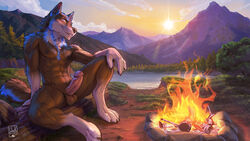 16:9 2020 5_fingers anthro balls brown_body brown_fur campfire canid canine canis casual_erection casual_nudity detailed_background digital_media_(artwork) erection fingers fire fur genitals glans half-closed_eyes humanoid_genitalia humanoid_penis lake lion21 male male_only mammal markings mountain multicolored_body multicolored_fur narrowed_eyes nipples nude outside pecs penis smile solo sun widescreen wolf yellow_eyes