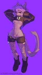 absurd_res anthro black_nose boots bottomwear breasts clothing collar crop_top cute_fangs domestic_cat felid feline felis female fishnet_leggings footwear fur genitals grey_body grey_fur hair hand_behind_head hi_res mammal navel nipples purple_background purple_hair pussy red_eyes shirt shorts simple_background smile solo standing topwear ultra_(ultrabondagefairy) ultrabondagefairy