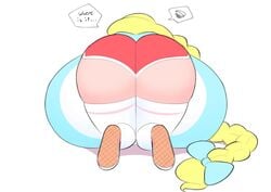 ass ass_up bent_over blonde_hair breast_press breast_rest cassie_(theycallhimcake) gigantic_breasts gym_shorts hyper hyper_breasts kneeling large_ass laying_on_breasts laying_on_floor looking_away lying lying_on_breasts on_all_fours on_breasts on_floor on_knees self_lying sexually_suggestive striped_clothing suggestive text_bubble theycallhimcake thick_thighs thighhighs yellow_hair