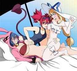 3girls beach big_breasts blonde_hair blue_hair breast_squeeze breast_sucking disgaea disgaea_d2 etna flonne indioweeaboo laharl laharl-chan multiple_girls nippon_ichi_software pussy red_hair small_breasts swimsuit threesome tribadism yuri