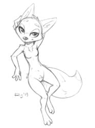 2019 anthro arctic_fox breasts canid canine cheek_tuft chest_tuft crotch_tuft disney facial_tuft featureless_breasts female flat_chest fox fur hand_behind_head head_tuft inner_ear_fluff looking_at_viewer mammal monochrome qrog rough_sketch simple_background sitting skye_(zootopia) solo tuft white_background zootopia