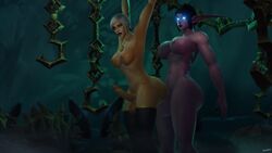 2futas 3d anal anal_sex ass balls balls_size_difference big_ass big_balls big_penis blue_eyes breast_size_difference breasts busty chains dark-skinned_futanari dark_skin elf erection futa_on_futa futa_only futanari glowing_eyes green_eyes grey_hair human jewelry leaking leaking_precum necklace night_elf nipple_piercing nipples open_mouth penis precum purple_skin sex small_breasts stockings tattoo tied_hands ts_jendana warcraft world_of_warcraft wow