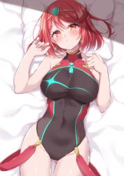 1girls bed big_breasts blush blush_lines blushing blushing_at_viewer bodysuit breasts female female_only jiino large_breasts laying_on_back laying_on_bed looking_at_viewer nintendo pyra red_hair short_hair solo solo_female xenoblade_(series) xenoblade_chronicles_2